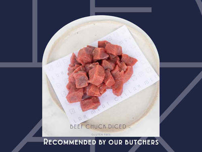 Diced beef chuck from Meat Cellar — butcher-prepared cubes ready for stews, curries, and slow-cooked favourites.