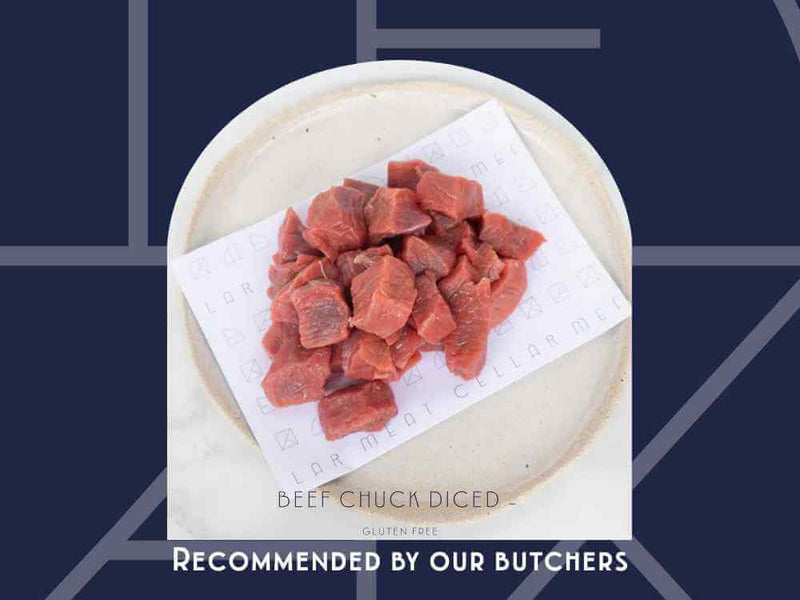 Diced beef chuck from Meat Cellar — butcher-prepared cubes ready for stews, curries, and slow-cooked favourites.