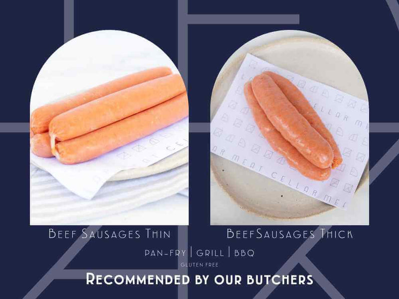 Classic Aussie beef sausages from Meat Cellar — available thick or thin, gluten-free and butcher-made using quality beef.